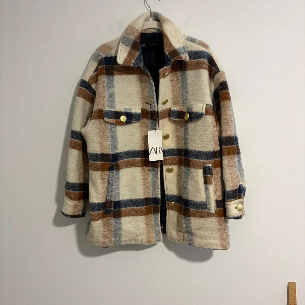 Zara Plaid Wool Blend Shacket Oversized Shirt Jacket Tan Blue NEW